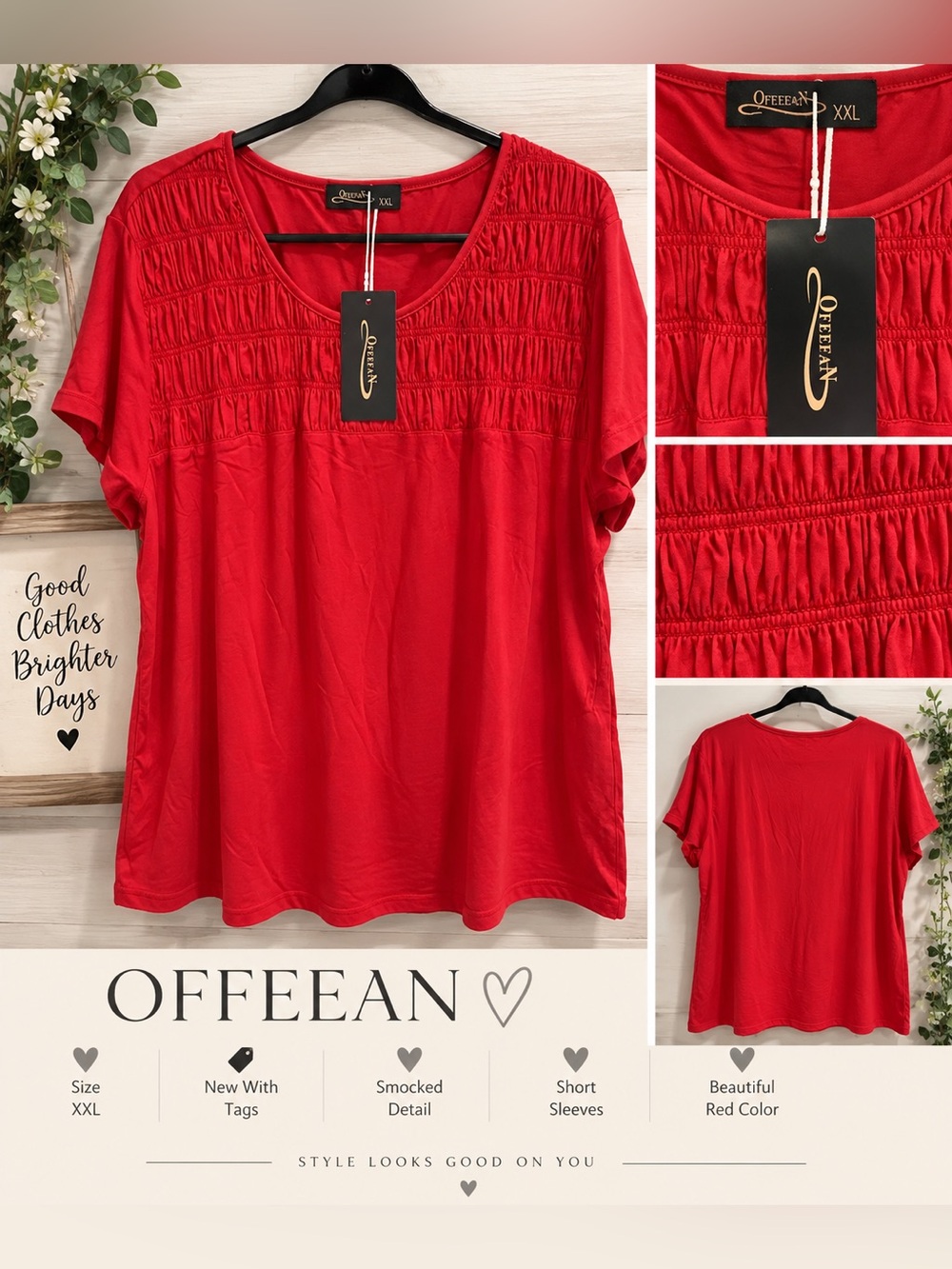 ❤️ OFFEEAN Red Smocked Short Sleeve Top – Size XXL – NWT